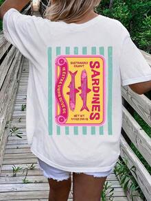 Women's Summer T-Shirt With Sardine Graphic Print, Short Sleeve, Round Neck, Casual, For Summer And Spring, Women's Clothing, Casual Short Sleeve Cotton T-Shirt For Summer Vacation - 白色 - 查看 3