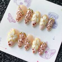 10Pcs Handmade 3D Flowers, Almond Summer Hawaii Press On Nails Art Sticker, Pink Hand-Painted Leopard Print, Ab Color Diamond Nails - Multicolor - View 11