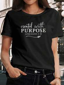 Women's T-Shirt With Artistic Print By "PURPOSE" | Short Sleeves, Round Neck, Casual Everyday Wear, Breathable And Stretchy Fabric, Machine Washable, Comfortable, Motivational Design, Suitable For Spring, Summer, And Autumn. Casual Blouses For Women. - 黑色 - 查看 7