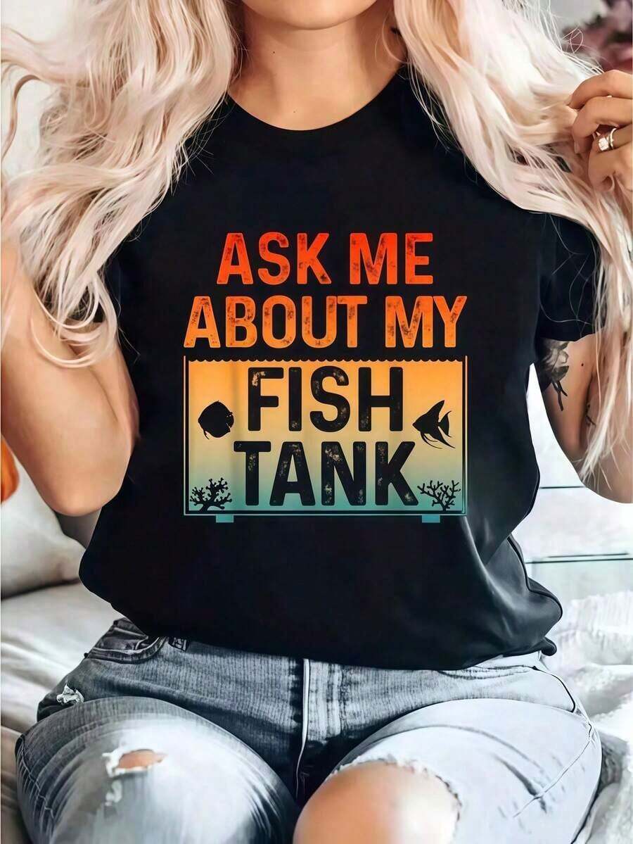 Funny Fish Tank Printed T-Shirt For Aquarium Lovers, Men And Women, Round Neck, Short Sleeve, Comfortable, For Spring And Summer, Women's Clothing Summer Essentials, Summer Outfits For Women, Graphic Tees Casual Blouses For Women - 黑色 - 查看 1