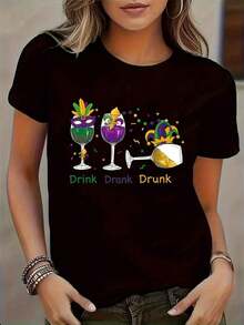 Women's Casual Short Sleeve T-Shirt With Vibrant Cocktail Glass And "DRINK DRANK DRUNK" Print - Geometric Color Block Pattern, Crew Neck, Machine Washable, Comfortable Fit For All Seasons, Women's T-Shirts, Party Wear, Non-See-Through Fabric, Casual Blouses For Women - 黑色 - 查看 1