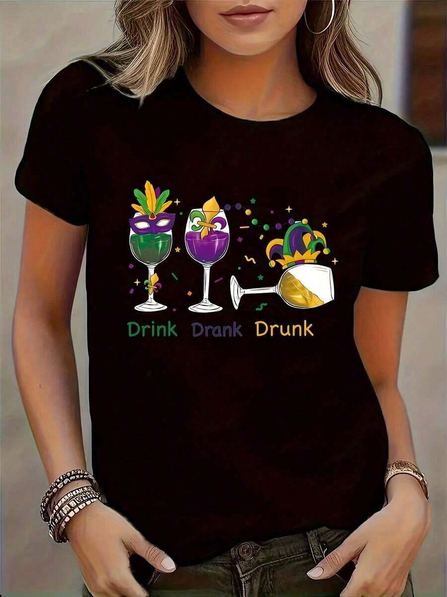 Women's Casual Short Sleeve T-Shirt With Vibrant Cocktail Glass And "DRINK DRANK DRUNK" Print - Geometric Color Block Pattern, Crew Neck, Machine Washable, Comfortable Fit For All Seasons, Women's T-Shirts, Party Wear, Non-See-Through Fabric, Casual Blouses For Women - 黑色 - 查看 1