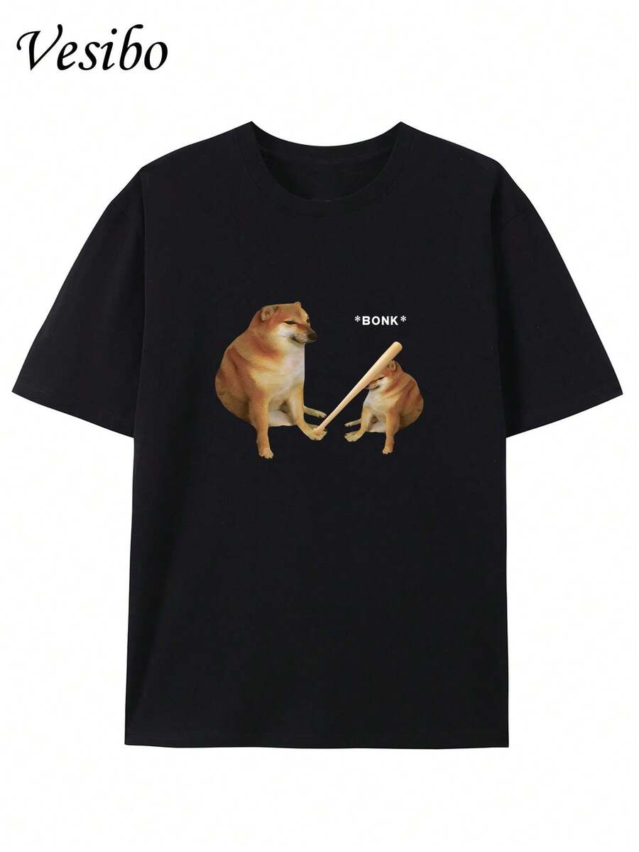 Hit Your Dog's Head! Funny T-Shirt With A Round Neck And Creative Design, Pure And Summer Fashion, Short Sleeves, Casual Top For Everyday Wear - màu đen - Xem 1
