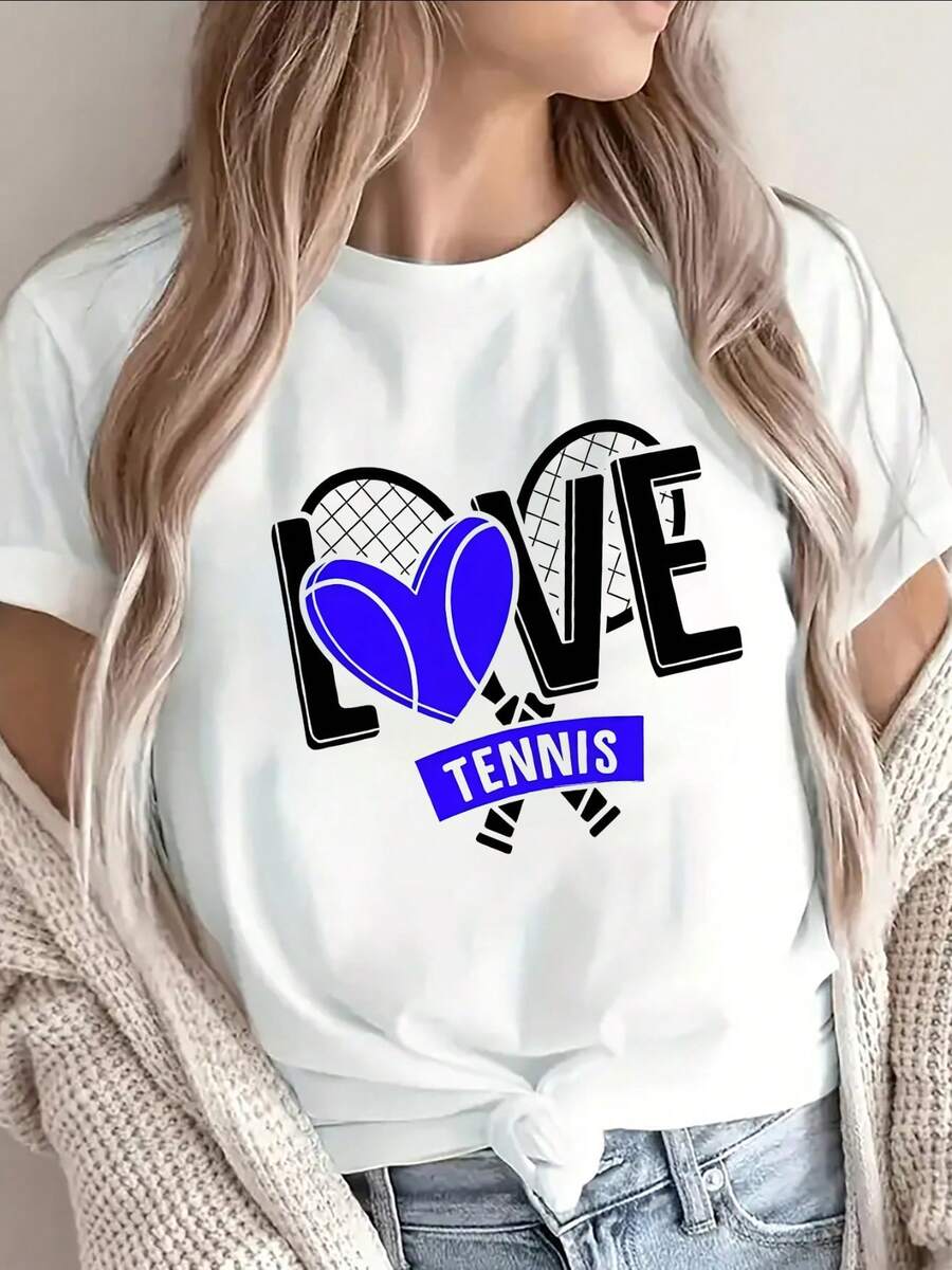Lightweight And Durable T-Shirt With A Love For Tennis Design, Ideal For Casual Outings At Home, The Gym, Or Outdoor Activities. Perfect For Tennis Lovers And Sports Fans. - 白色 - 查看 1
