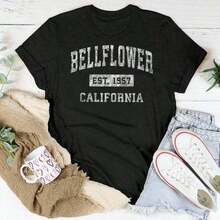 New Release Streetwear Style Short Sleeve T-Shirt, 1 Piece, Bellflower California Ca Vintage, Women's Vintage Sports T-Shirt, Printed T-Shirts, 100% Cotton. - 黑色 - 查看 4