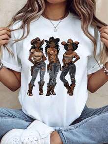 Women's Cotton T-Shirts, Women's Graphic Cowboy Style T-Shirt, Western Style T-Shirt With Three Cowgirl Design For Casual Wear And Country Music Festivals, Women's Basic Blouses. - 白色 - 查看 1