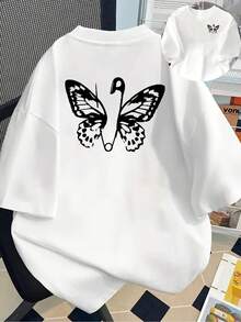 New 180gsm Short-Sleeved T-Shirt, 1% Cotton, With Butterfly And Insect Prints On The Front And Back - A  Printed T-Shirt For Women, Your Best Choice! - Suitable For Layering In Spring And Autumn, And For Wearing Alone In Summer, Unisex Style. - White - View 1