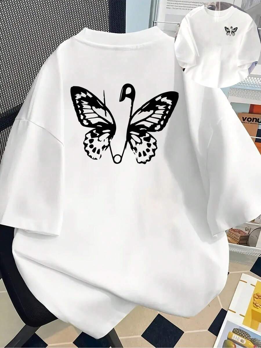 New 180gsm Short-Sleeved T-Shirt, 1% Cotton, With Butterfly And Insect Prints On The Front And Back - A Printed T-Shirt For Women, Your Best Choice! - Suitable For Layering In Spring And Autumn, And For Wearing Alone In Summer, Unisex Style. - White - View 1