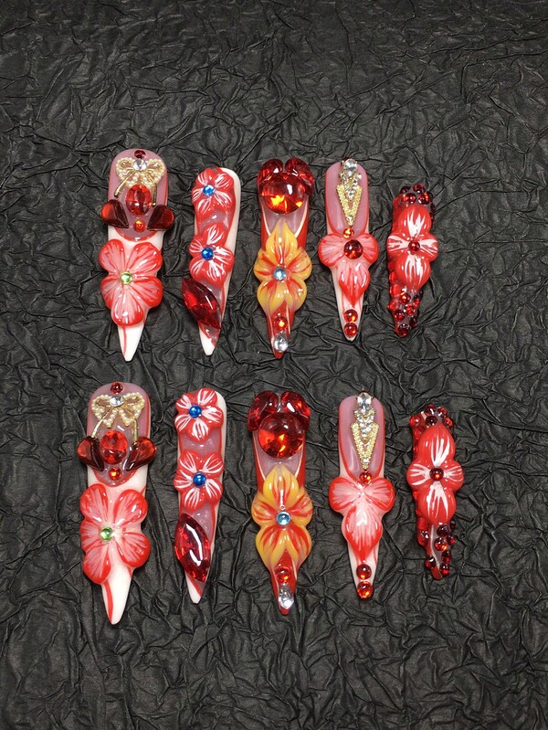 10-Piece 5.4 Cm Pure Handmade High Heel-Style Wear-On Nails, Adorned With Rhinestones, Butterflies, Stripes, And Petal Decorations. Perfect For Women And Girls, Ideal For Valentine's Day, Parties, Holidays, And Daily Wear. Handmade Press On Nails
