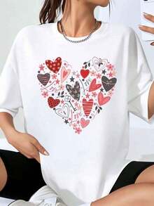Women's Heart Print T-Shirt, White, Plus Size, Romantic And Cute For Valentine's Day, Ideal For Casual Wear And As A Gift - 白色 - 查看 7