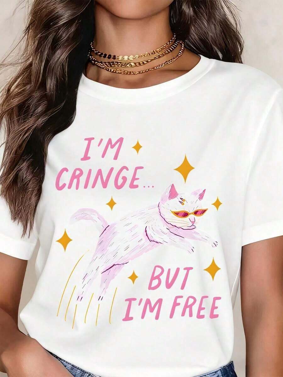 Women's Cool Summer T-Shirt, Casual, Loose Fit, Round Neck, Short Sleeve, With Pink Cat Print And The Phrase "I'm Cringe But I'm Free", For Everyday Wear And Urban Style. - 白色 - 查看 1