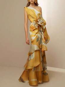 Off-The-Shoulder Dress With A French Retro Print And Exclusive Fitted Waist. - 鵝黃色 - 查看 5