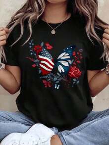 Women's T-Shirt With Floral Butterfly And American Flag Design, Patriotic For Independence Day, July 4th, Casual Summer Style, Fashion Graphic T-Shirt, 220g - Urban Vintage Style, Unisex, 100% Pure Cotton, Short Sleeve, Round Neck. - 黑色 - 查看 7
