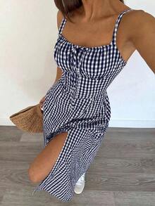 Vestido a media pantorrilla con tirantes a cuadros para mujeres, de moda y apropiado para el verano - Azul marino - Ver 3