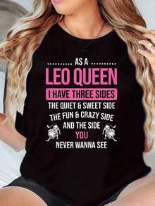 100% Cotton Leo Graphic T-Shirt Summer Tops Casual Tops Plus Size Comfortable Soft Clothing Women's Simple Solid Color T-Shirt, Loose And Slim Fit Casual Short Sleeve - 黑色 - 查看 10