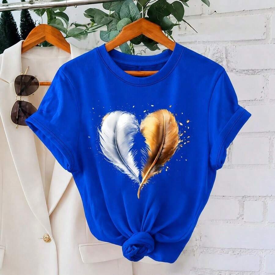 Women's Cotton T-Shirt, Sizes M-5XL, Casual Loose Fit, Round Neck, Short Sleeve, Heart And Feather Print, Gold And Silver Graphic, Comfortable Top For Everyday Wear, Soft Women's Clothing - 藍色 - 查看 1