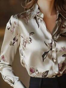 1 Piece Of Long-Sleeved Button-Down Shirt With Floral Print, Suitable For Dates, Holidays, Birthdays, Parties, Travel, Spring/Autumn Vacation. - 香檳色 - 查看 4