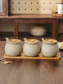 WGROOM 7件套（1个托盘、3个罐子、3个勺子）陶瓷糖罐、糖果罐、食品储物罐、密封罐套装，适用于客厅、餐厅、厨房的装饰罐，可存放谷物、糖果、饼干、面包、盐、胡椒粉、调味料等，是居家、聚会、餐厅、露营、野餐、婚礼庆典等场合的理想之选。 - 彩色 - 查看 5