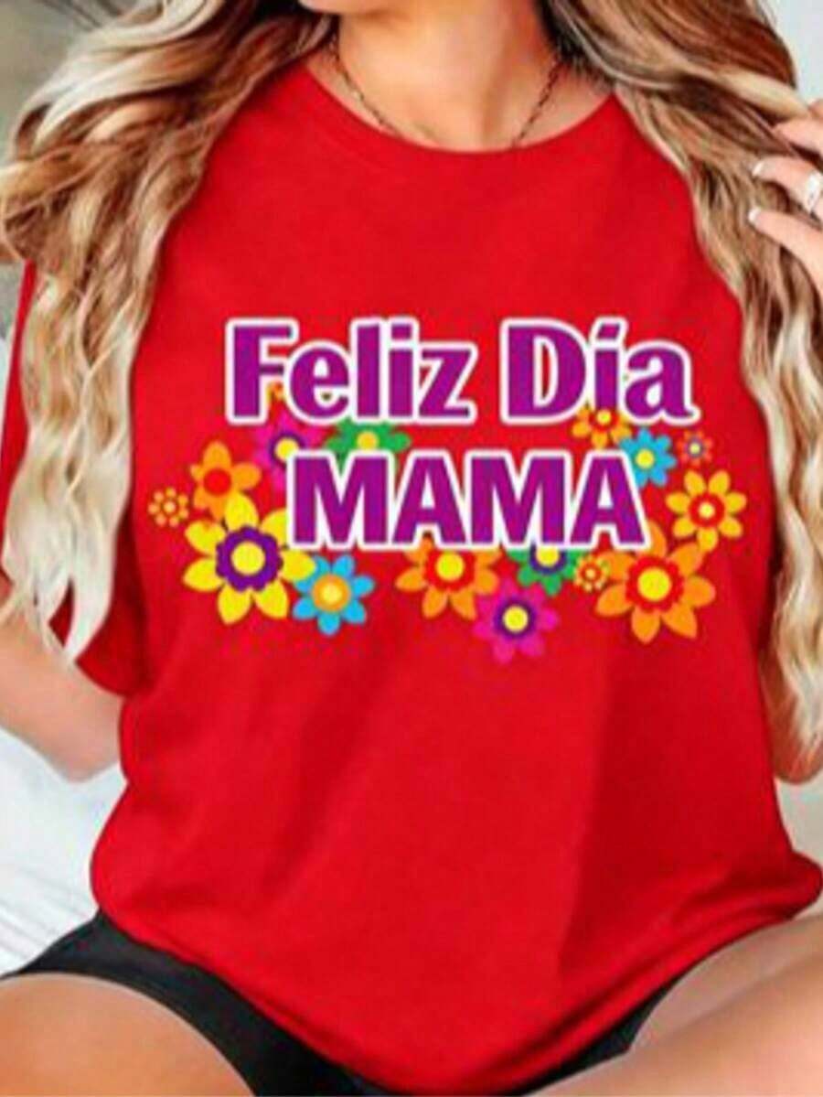 Camisetas con Estampados para Mujer "Feliz Día de la Madre" con Estampado en Español - Camiseta casual de manga corta y cuello redondo, corte ajustado, top vintage, adecuada tanto para regalos del Día de la Madre como para uso diario, 100% algodón. Puro Algodón - Rojo - Ver 1