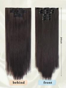 24 Inch 6pcs Black & Brown Straight Synthetic Hair Clip-In Hair Extensions, Natural Soft Dual-Layer Synthetic Fiber Wigs For Women - Black Brown - View 2