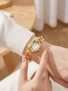 1件装女士不对称表盘休闲复古简约石英腕表，适合日常佩戴 - 金色 - 查看 7