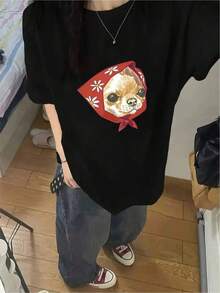 Camiseta negra informal de manga corta con cuello redondo para hombre,Camisetas Para Mujer Camiseta divertida con estampado de perro chihuahua, algodón suave, diseño único, casual, divertido, moda juvenil, ideal para salidas diarias, talla única, color negro, ropa de moda,  actual. - Negro - Ver 1