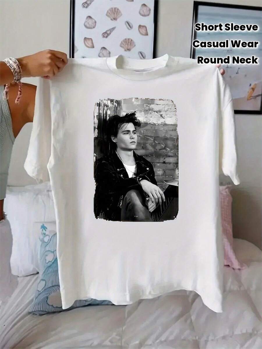 Women's T-Shirt With Vintage Male Celebrity Portrait Print In White - Casual Short Sleeve Round Neck Top For Spring/Summer, Ladies' T-Shirts - 白色 - 查看 1