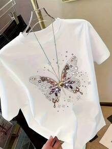 Camiseta de mujer bordada con patrón de mariposas y diamantes de imitación - Blanco - Ver 1