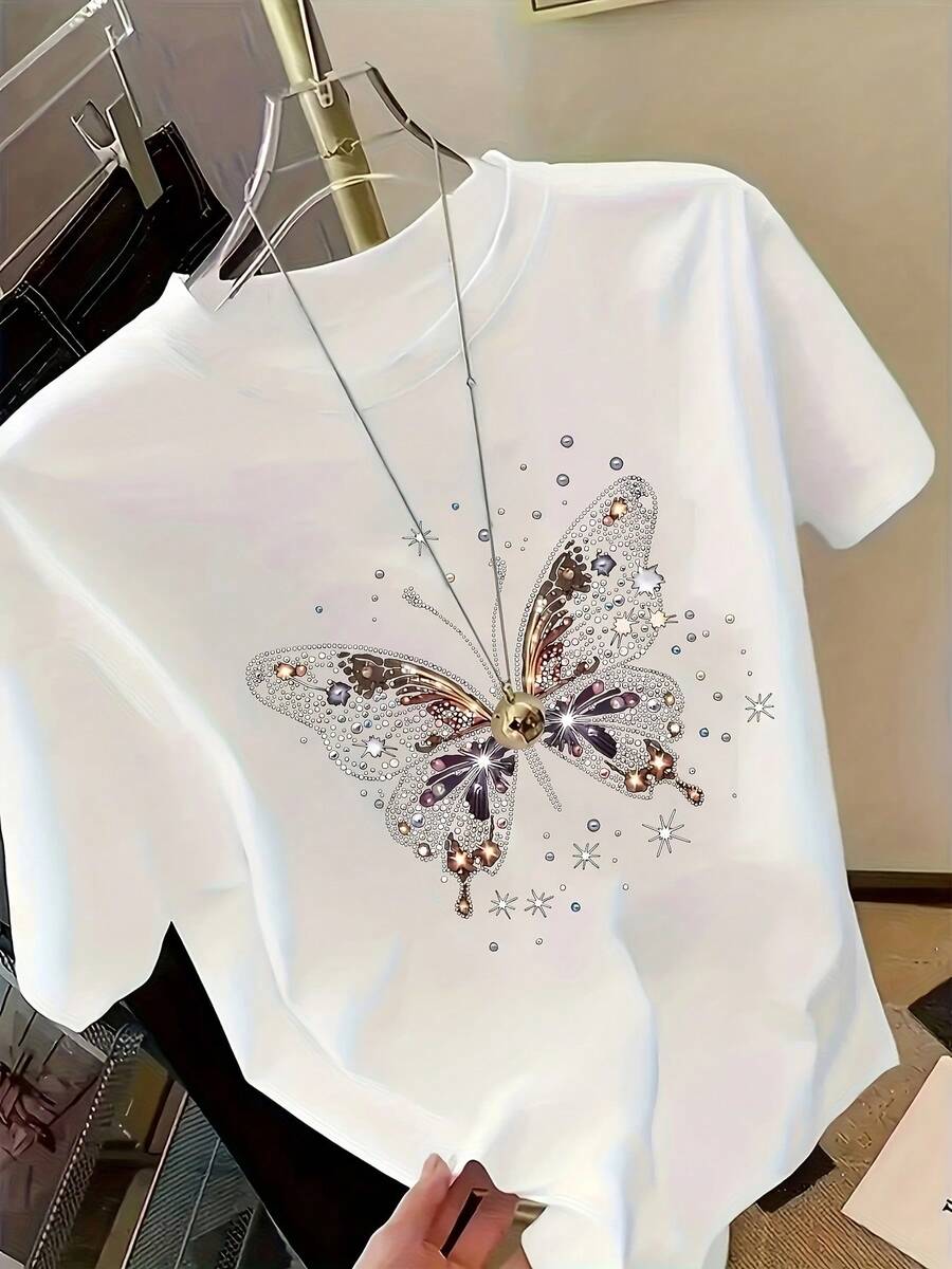 Camiseta de mujer bordada con patrón de mariposas y diamantes de imitación - Blanco - Ver 1