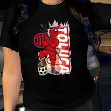 MGY Women's Soft 100% Cotton Loose Fit T-Shirt With Toluca Soccer Print, Soccer Fan T-Shirt, Fashionable Crew Neck Short Sleeve T-Shirt, Machine Washable, Ideal For All Seasons - 黑 - 查看 1
