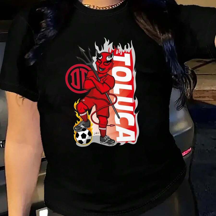 MGY Women's Soft 100% Cotton Loose Fit T-Shirt With Toluca Soccer Print, Soccer Fan T-Shirt, Fashionable Crew Neck Short Sleeve T-Shirt, Machine Washable, Ideal For All Seasons - 黑 - 查看 1