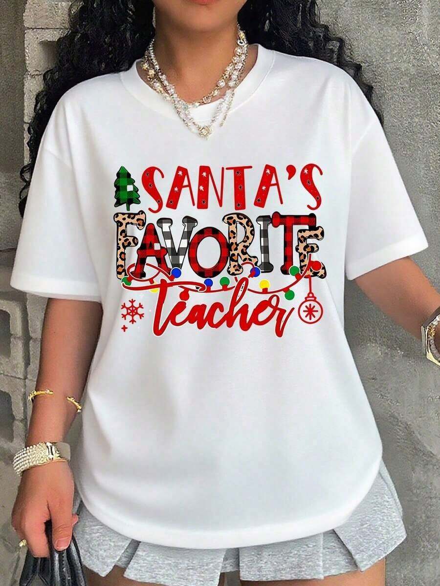 Women's T-Shirt: Santa's Favorite Teacher, Christmas T-Shirt For Women, Festive Gift, Ugly Sweater Style, Festive Outfit For Teachers, Christmas Party Clothes - 白色 - 查看 1
