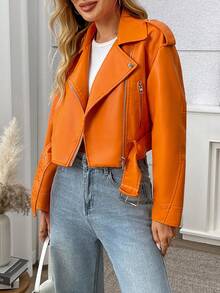 Women's Solid Color Minimalist Casual Zip-Up Short Jacket - Orange - View 4