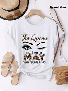Unisex Short-Sleeved T-Shirt For Women, Queen Born In May Graphic T-Shirt - Short-Sleeved Crew Neck Top With Leopard Print Eye & May Print, Casual Blouse Shirt Suitable For Spring Summer Outfits Machine Washable Daily Wear For Holidays And Everyday Gamers,  Women, Romwemen, Bohochic, Teachers Gifts, T-Shirt For Women's Curvy Outfits For Mu, Y2k - 白色 - 查看 1