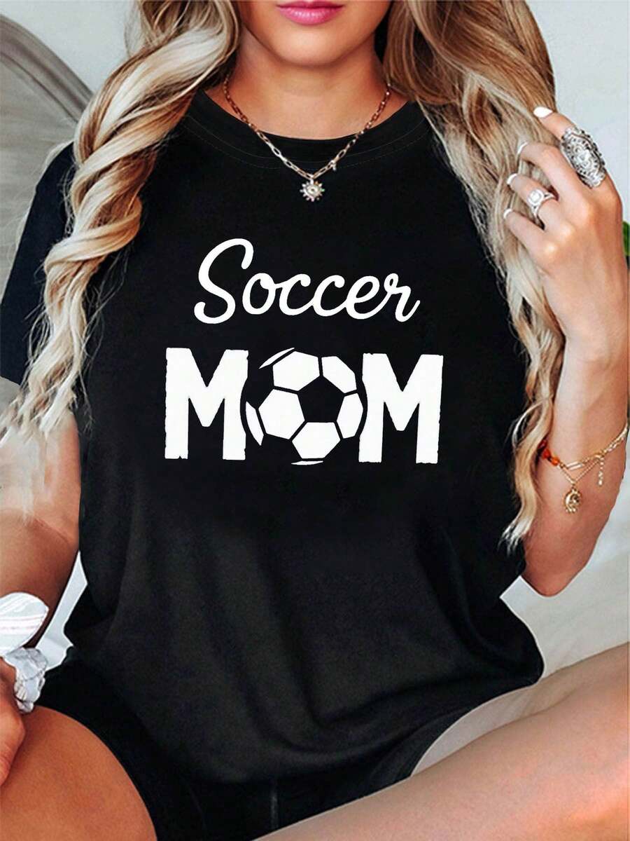 [Women's Letter Print T-Shirt] Women's Letter Print T-Shirt "Soccer Mom's Buddy" - Casual Short Sleeve Crew Neck T-Shirt For Summer And Spring - Women's Clothing. Women's Casual Printed T-Shirt, Short Sleeve Crew Neck, Local Urban Fashion For Spring/Summer. - 黑色 - 查看 1