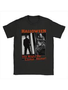 Men's Halloween T-Shirt, Modern And Loose Fit, Design Inspired By The Movie "The Night He Came Home!", Casual Black Short Sleeve T-Shirt, Lightweight, For Summer Travel, Plus Sizes, The Best Gift For Men And Women. - 黑色 - 查看 1