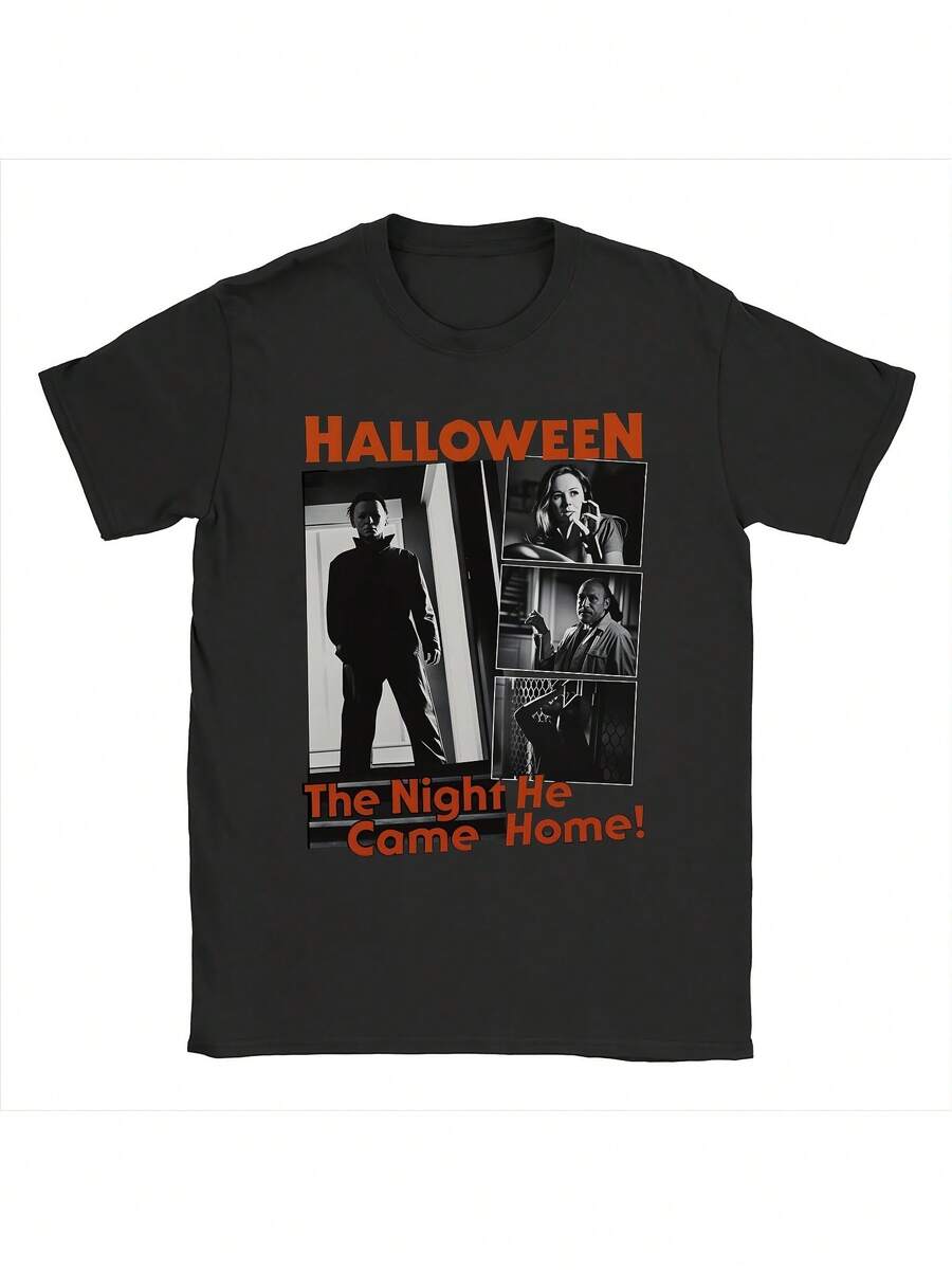 Men's Halloween T-Shirt, Modern And Loose Fit, Design Inspired By The Movie "The Night He Came Home!", Casual Black Short Sleeve T-Shirt, Lightweight, For Summer Travel, Plus Sizes, The Best Gift For Men And Women. - 黑色 - 查看 1