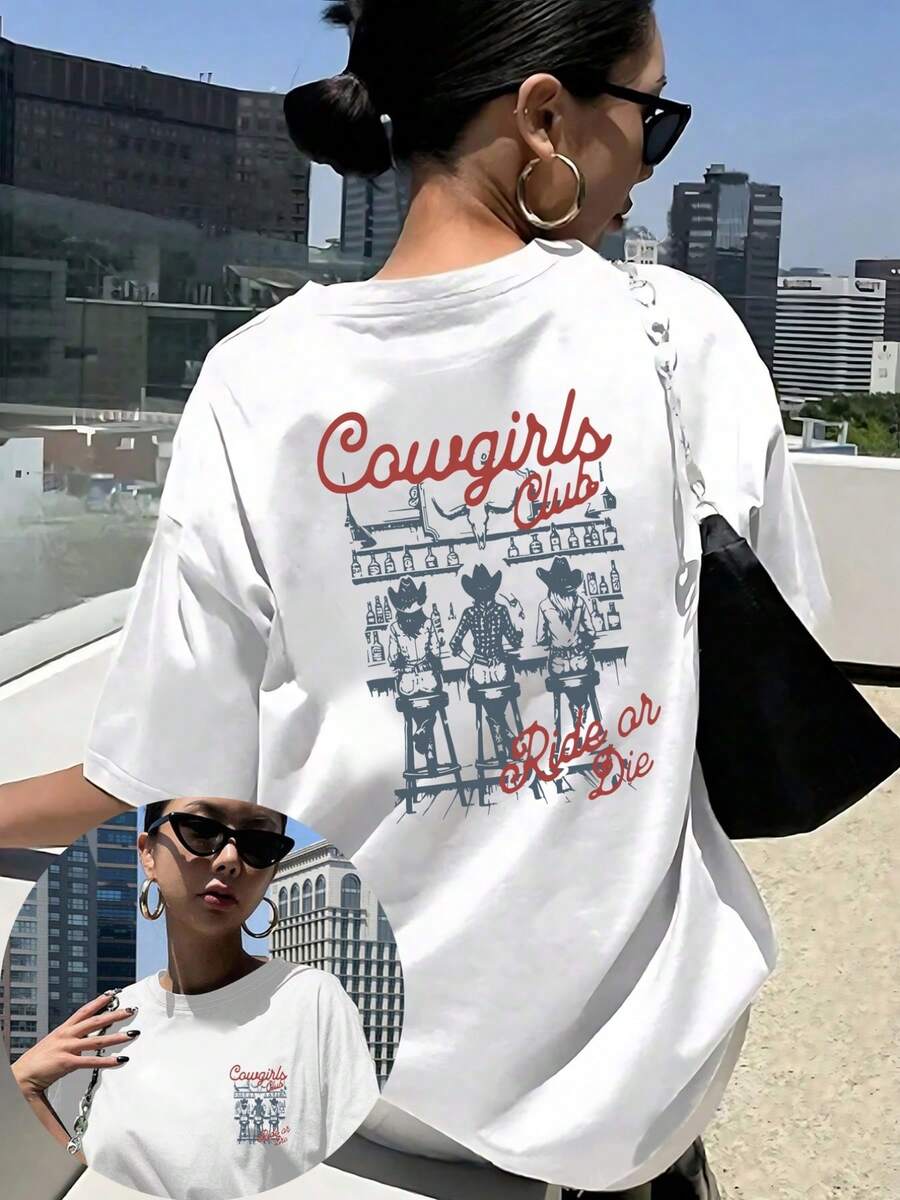 | Exquisite Design | Loose And Comfortable | Easy To Match | Double-Sided Printed T-Shirt, Western Cowboy Style, Bar Scene Print, Round Neck, Casual Short Sleeve For Women, Skin-Friendly Fabric, Classic Design, Spring And Summer Top, A Must-Have Fashion Item For Women. - 白色 - 查看 1