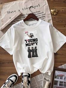 T-Shirt With "YOUNG MONEY" Text And Urban Figures,  Short-Sleeved T-Shirt For Spring And Summer 2026, Made In Mexico, 180 Grams. Cartoon Print, Couple Design, Suitable For Indoor Or Outdoor Wear. Crew Neck, Unisex, Ideal For Office And Leisure. One-Pack. - WH-P631577SLNDXZGY596 - 查看 4