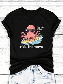 Women's Casual Sports T-Shirt In Black With Cartoon Octopus Graphic And Ride Wave Text - Elastic Crew Neck T-Shirt, Machine Washable, Comfortable Fit For All Seasons, Perfect For Wearing On Any Occasion. - 黑色 - 查看 6