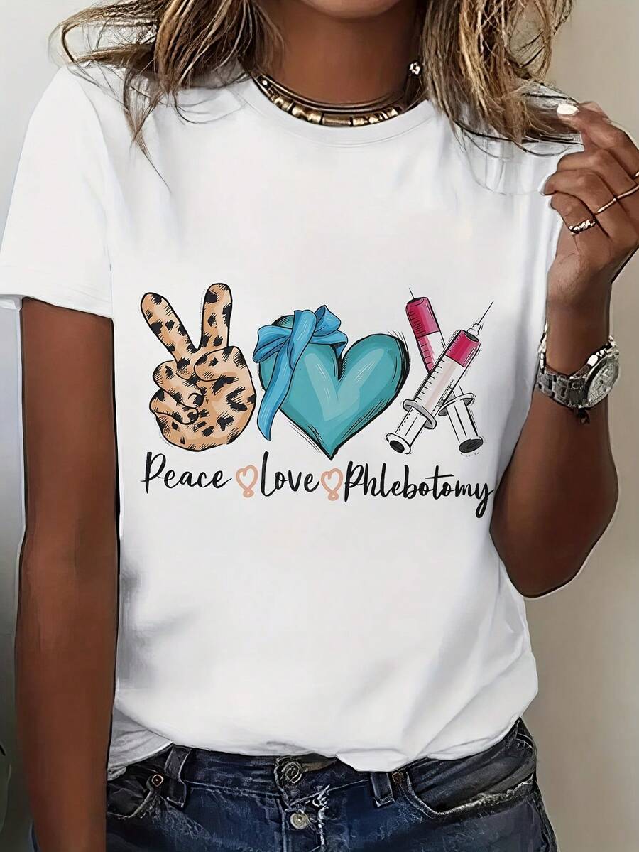 Camiseta Estampada para Mujer - Camiseta Casual de Manga Corta y Cuello Redondo con Diseño Paz Amor Flebotomía. Con un Corte Relajado para Todas las Estaciones, Perfecta para Uso Diario y Atuendos de Vacaciones. Combínala con Jeans y Accesorios para un Look Único (Lavable aáquina). - Blanco - Ver 1