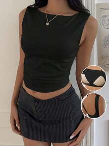 Top corto de algodón acolchado con espalda de tirantes, para primavera/verano - Negro - Ver 1
