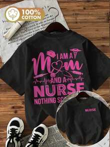 | Exquisite Design | Loose And Comfortable | Easy To Match | [Double-Sided Print] Women's T-Shirt For Spring/Summer, Professional Style, Stethoscope Print, Heartbeat Line, Nurse Mom Print, Pure Cotton, Casual Daily Wear, Short Sleeve, Round Neck, Women's T-Shirt [Hongk] - 黑色 - 查看 7