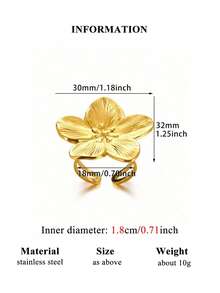 Elegant Large Flower Stainless Steel Ring, Adjustable Seashell & Starfish Ring, 18K Gold Plated Wedding Jewelry, Beautiful Beach Holiday Daily Accessory Gift - Stainless Steel - View 15