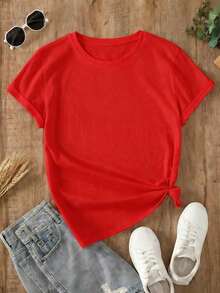 1 Piece Of Short Sleeve Round Neck T-Shirt, Vintage Bull Skull Print Western Cowboy Style, Plus Size, Should Have Come With A Warning, 100% Cotton, Summer Clothes, Women's Tops, Casual And Comfortable, Fashionable T-Shirt, Unisex, Soft. - 紅色 - 查看 2