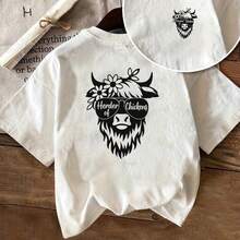 New Collection 2026: Cotton T-Shirt, Printed On The Front And Back, With A Cow Head Design With Sunglasses, Country Style, Short Sleeve And Round Neck For Women, Comfortable Fit, Classic Design, Fashion Item, Double-Sided Printed Top For Women. - 白色 - 查看 7