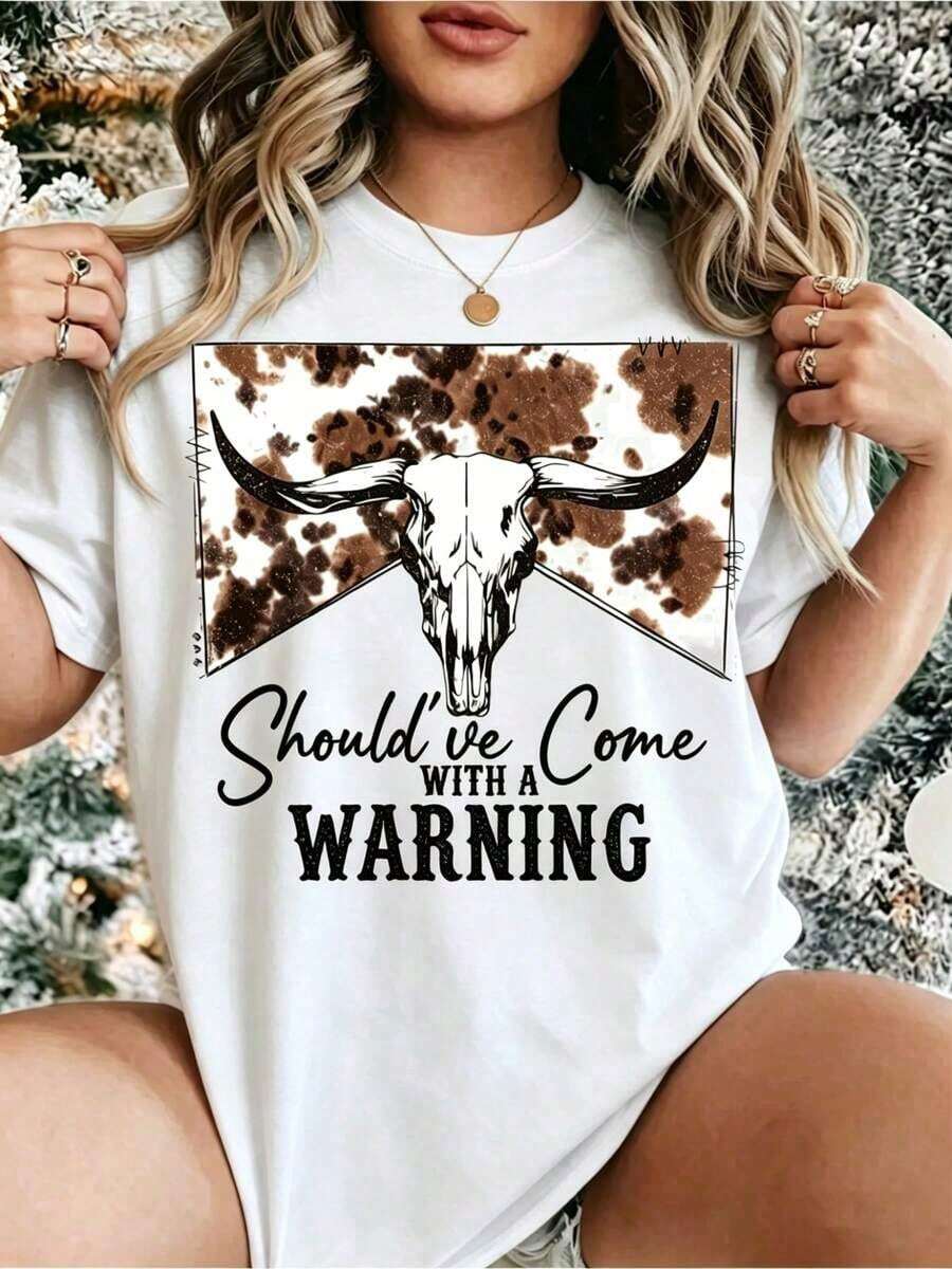 1 Piece Of Short Sleeve Round Neck T-Shirt, Vintage Bull Skull Print Western Cowboy Style, Plus Size, Should Have Come With A Warning, 100% Cotton, Summer Clothes, Women's Tops, Casual And Comfortable, Fashionable T-Shirt, Unisex, Soft. - 白色 - 查看 1