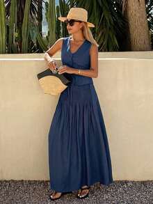 Conjunto de 2 piezas de mujer con falda plisada con cintura anudada y escote en V sin mangas, atuendo de verano para vacaciones - Blanco - Ver 4