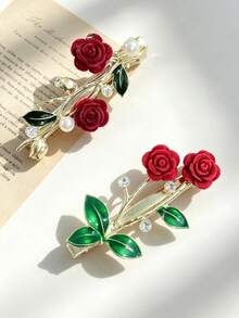 1pc Gancho de cabelo feminino, gancho de cabelo com flor de rosa elegante e requintada em estilo retrô, acessório de cabelo para franja lateral, decoração de cabelo nupcial, barrettes de cabelo, garras de cabelo - Multicolorido - Ver 4