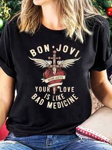 1pc Camisetas Para Mujer Camiseta única de diseño Y2K con estampado de Bon Jovi y un corazón que simboliza el amor en la música, perfecta para los fanáticos del rock y la moda retro, ideal para un look casual moderno y atractivo. Camiseta De Manga Corta De Algodón - Negro - Ver 6